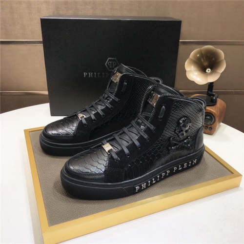 Cheap Philipp Plein PP High Tops Shoes For Men #832005 Replica Wholesale [$85.00 USD] [ITEM#832005] on Replica Philipp Plein PP High Tops Shoes