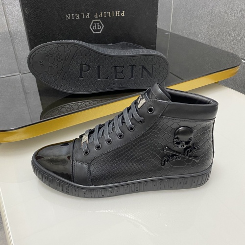 Cheap Philipp Plein PP High Tops Shoes For Men #1025028 Replica Wholesale [$85.00 USD] [ITEM#1025028] on Replica Philipp Plein PP High Tops Shoes