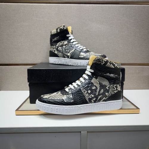 Cheap Philipp Plein PP High Tops Shoes For Men #1256610 Replica Wholesale [$102.00 USD] [ITEM#1256610] on Replica Philipp Plein PP High Tops Shoes